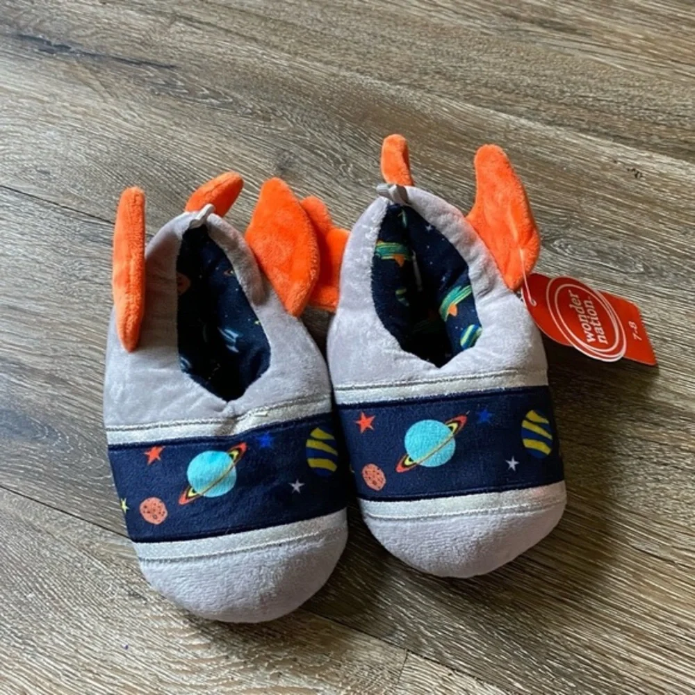 Wonder Nation Slippers Boys Size 7-8 Space Warm Lining‎ Easy On-Off Kids NEW